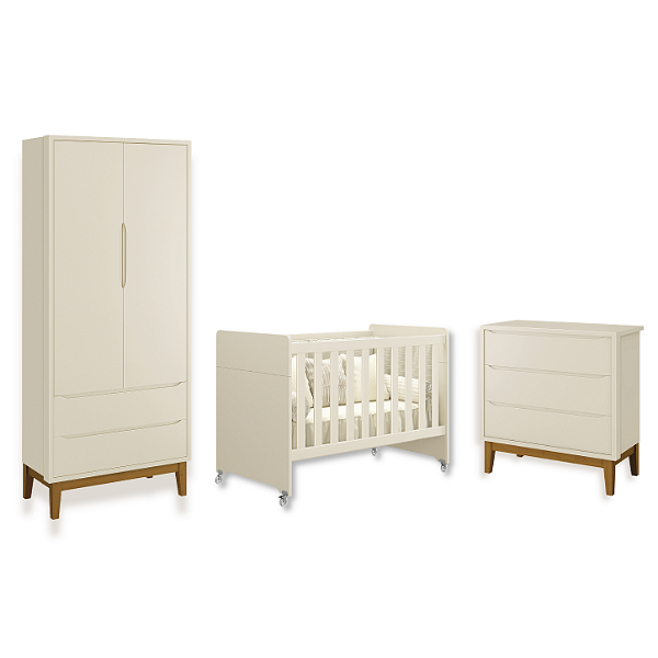 Quarto de Bebê Berço Evolution + Guarda Rousa + Cômoda 3 Gavetas Classic Areia Fosco