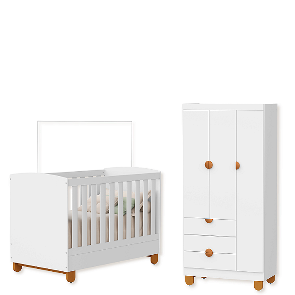 Quarto de Bebe Berço Americano + Guarda Roupa Infantil 3P 3G Apolo Branco Fosco