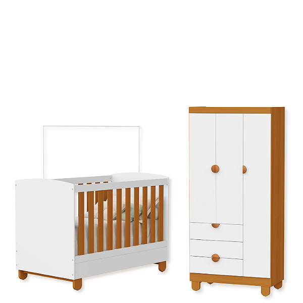 Quarto de Bebe Berço Americano + Guarda Roupa Infantil 3P 3G Apolo Branco Savana