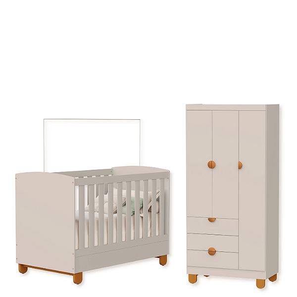 Quarto de Bebe Berço Americano + Guarda Roupa Infantil 3P 3G Apolo Areia Fosco