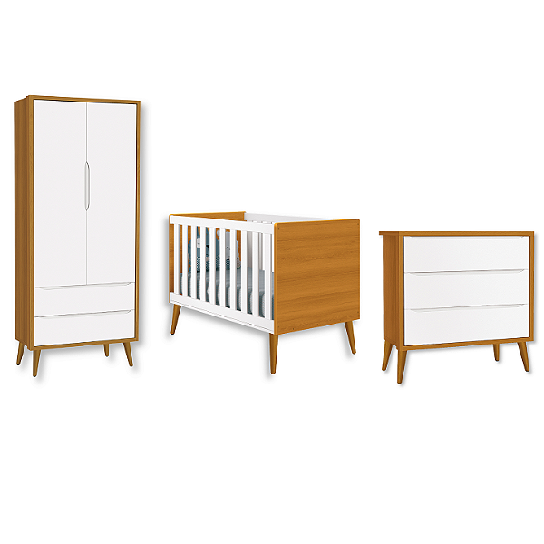 Quarto de Bebê Berço + Cômoda + Guarda Roupa Retrô Savana Theo