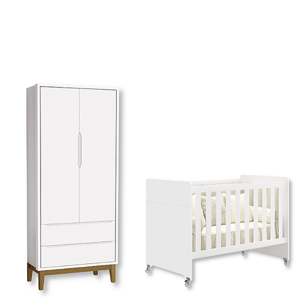 Quarto de Bebê Berço Evolution + Guarda Roupa 2 Portas Classic Branco Fosco