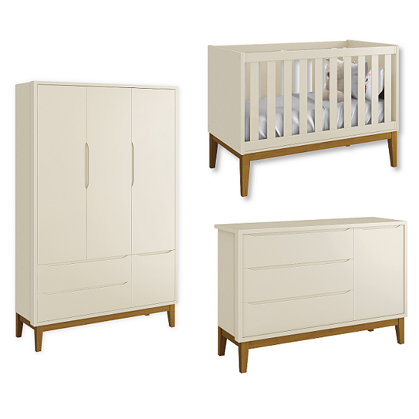 Quarto de Bebê Berço + Cômoda Sapateira + Guarda Roupa 3 Portas Areia Classic