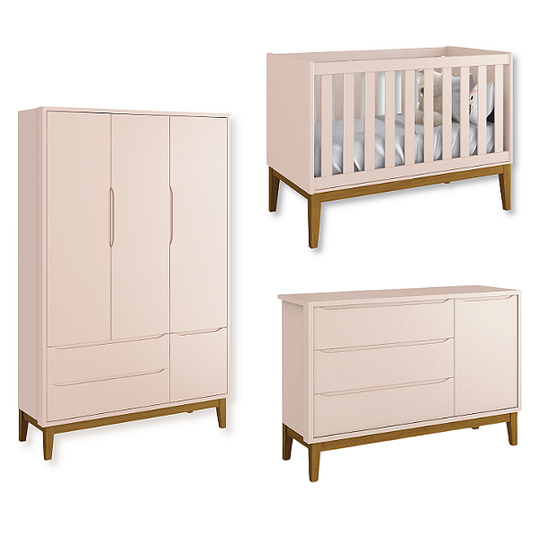 Quarto de Bebê Berço + Cômoda Sapateira + Guarda Roupa 3 Portas Rosa Classic