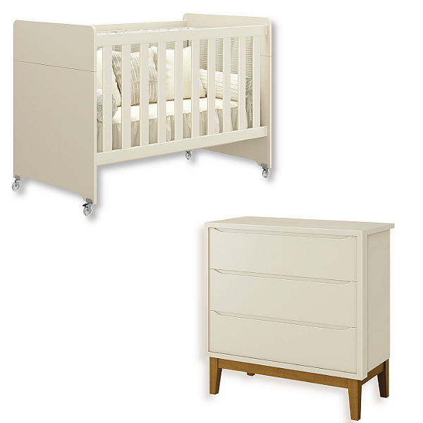 Quarto de Bebê Berço Evolution + Cômoda 3 Gavetas Areia