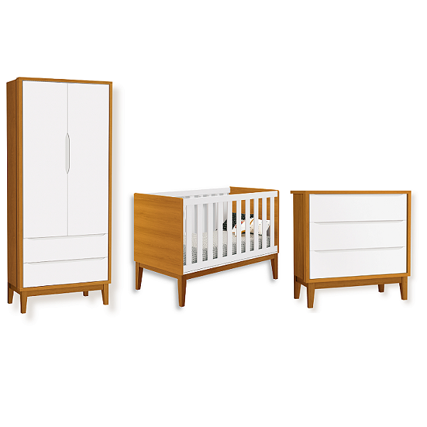 Quarto de Bebê Berço + Cômoda + Guarda Roupa Branco Savana Classic