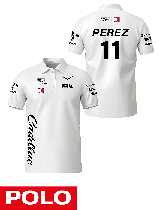 Camiseta Polo Cadillac 2026 - Sergio Perez - Branco
