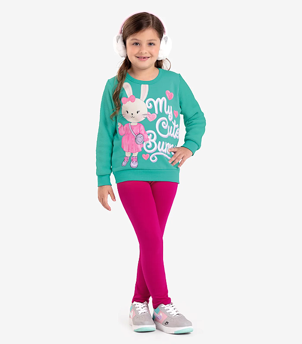 Conjunto Moletom Verde legging Rosa