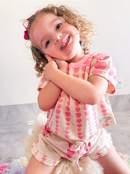 Conjunto Cropped e Short Corações Rosa