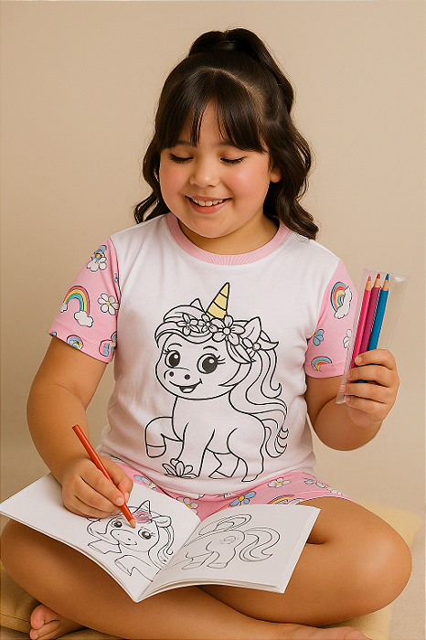 Pijama Suede Colorir Unicornio