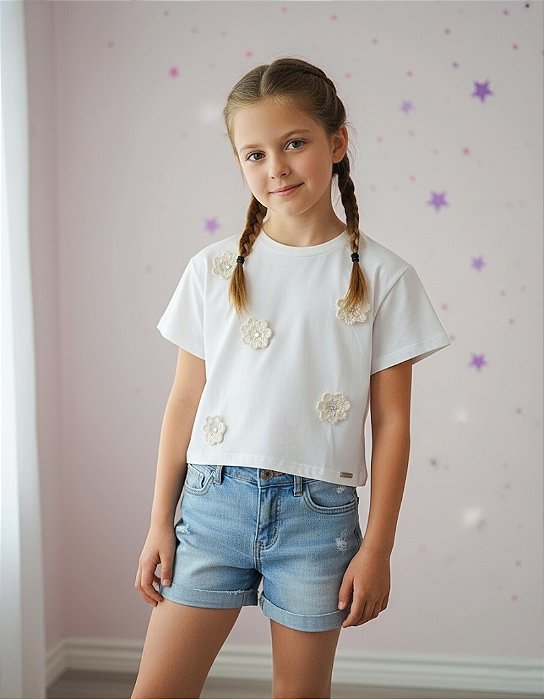 Blusa Natural Aplique de Flor