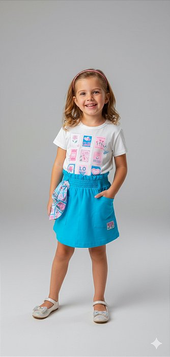 Conj Blusa e Short/saia Natural/Azul Hawai