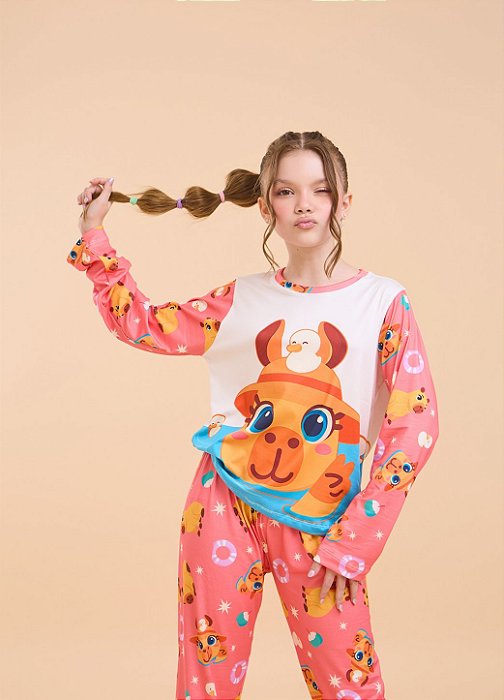 Pijama Suede Capivara Manga Longa Rosa