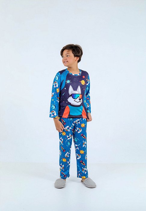 Pijama Suede Lobo Infantil Azul Outono/Inverno