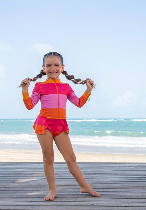 Maiô Tricolor com Manga Longa para Meninas