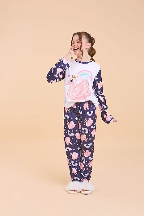 Pijama Infantil Longo Cisne Azul-Marinho