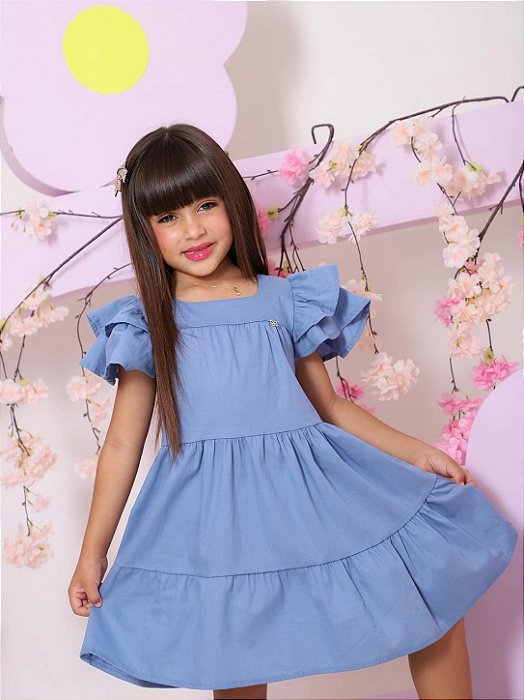 Vestido Infantil Rodado com Babados Malha de Algodão Azul