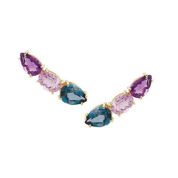 Brinco Ear Cuff Ouro 18k Topazio Azul e Ametista