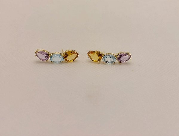 Brinco Ear Cuff Ouro 18k Citrino Topazio Azul Ametista