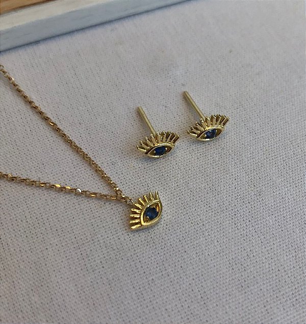 Brinco Olho Ouro 18k Safira Azul
