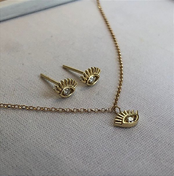 Colar Olho Ouro 18k com Diamante