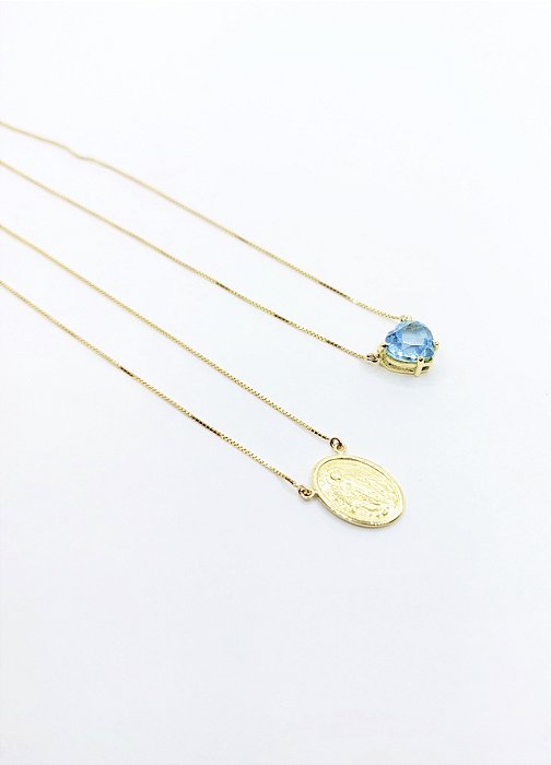 Escapulario Nossa Sra das Gracas Ouro 18k Topazio Azul
