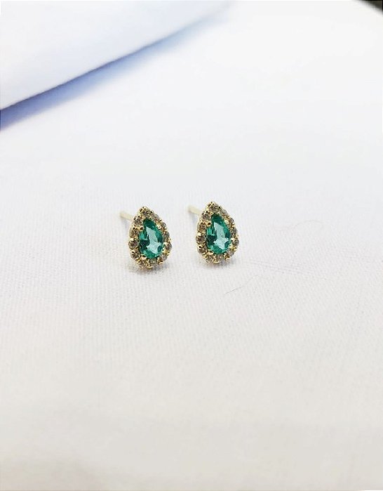 Brinco Ouro 18k Madonna Esmeralda e Diamante