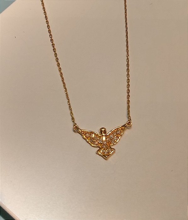 Colar Espirito Santo Mini Ouro 18k com Diamante
