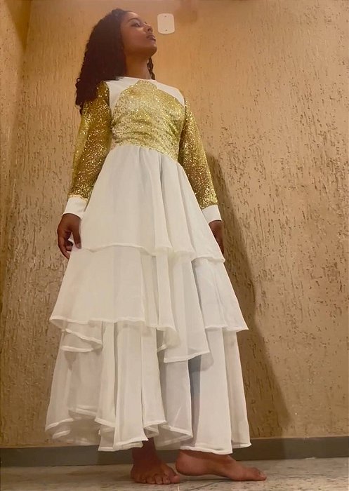 VESTIDO RELUZ COR DOURADO E PEROLA