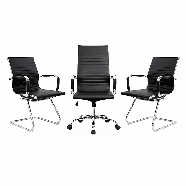 Kit Cadeiras Esteirinhas Preta - 1 Presidente + 2 Fixas - 48240 - Casa das Cadeiras Anápolis