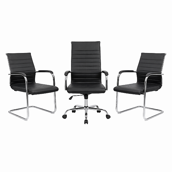 Kit de Cadeiras Florença Estofada Preta - 1 Presidente + 2 Fixas - 48244 - Casa das Cadeiras Anápolis