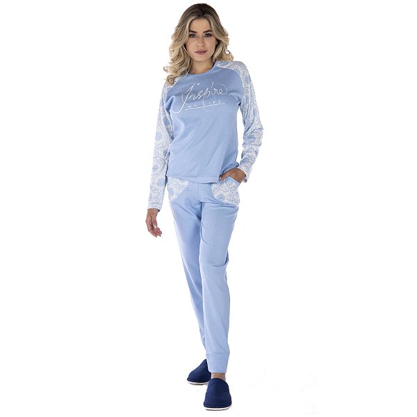 Pijama De Inverno Feminino Canelado Estampado