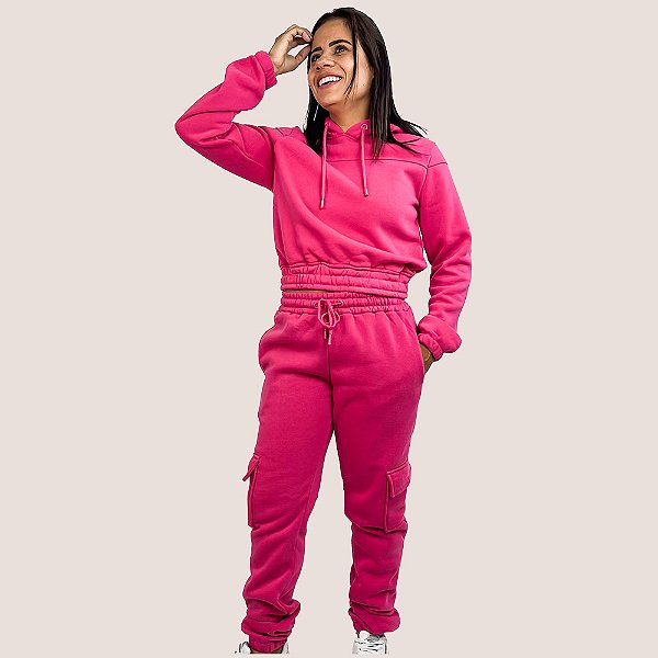 Conjunto Feminino Liso Moletom Cargo Com Touca Toque Macio