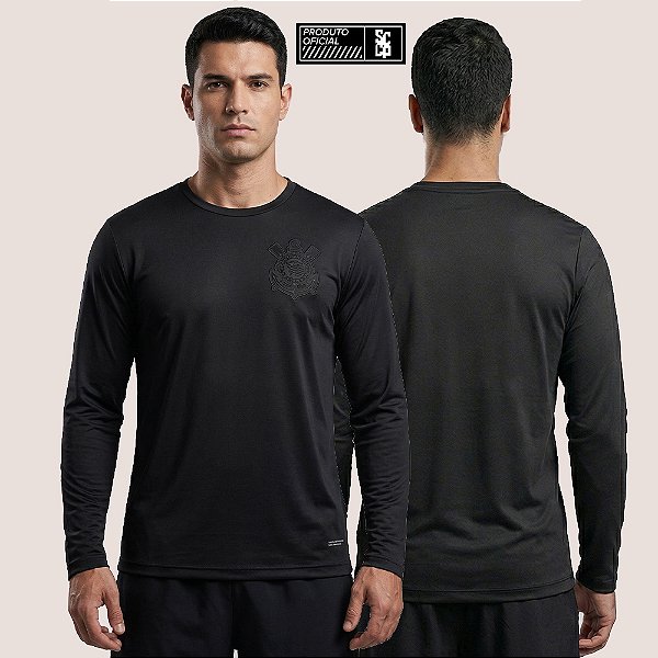 Camiseta Corinthians All Black Masculina Manga Longa Confortável Casual Esportiva Torcedor Oficial