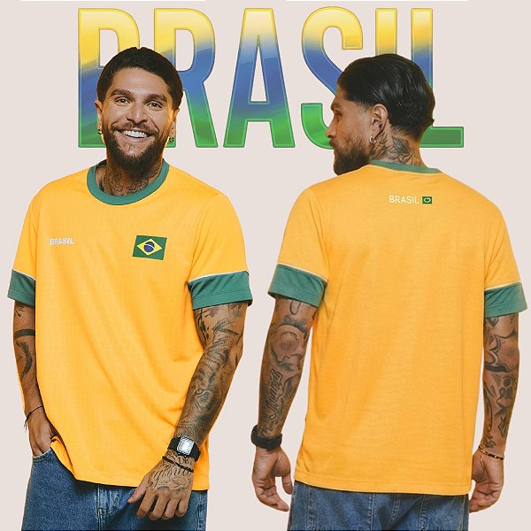 Camiseta Brazil Masculina Dry Fit Amarela Casual Confortável Para Jogos e Treinos