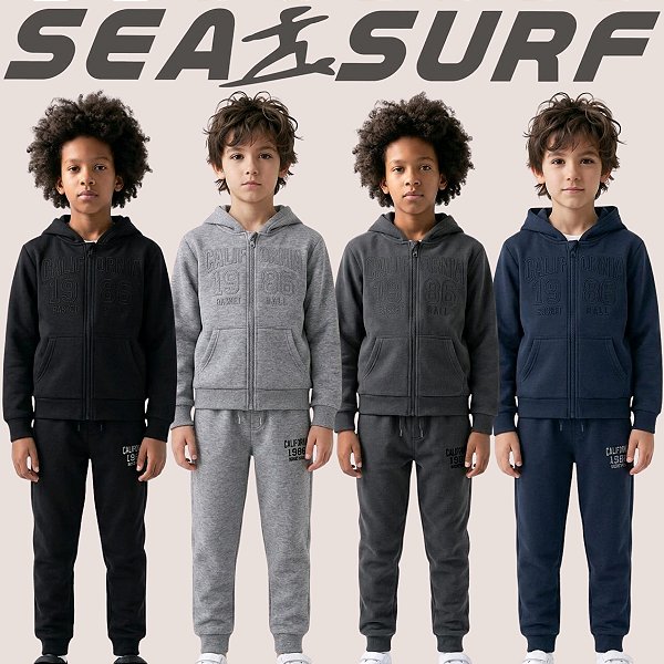 Conjunto Moletom Infantil Masculino Peluciado com Capuz Fleece para Inverno Sea Surf