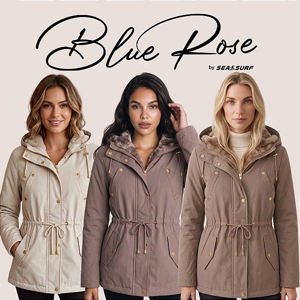 Jaqueta Parka Feminina Blue Rose Inverno Peluciada com Capuz Removível Forrada Térmica Confortável