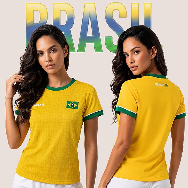 Camiseta Brasil Feminina Amarela Dry Fit Respirável Leve Confortável Para Treino E Dia A Dia