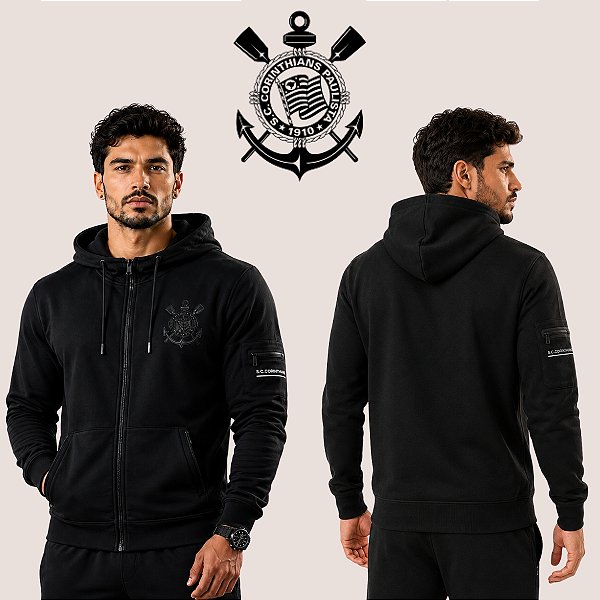 Jaqueta Corinthians Masculina All Black Logo Gel 3D Com Capuz Agasalho Original Premium Com Zíper