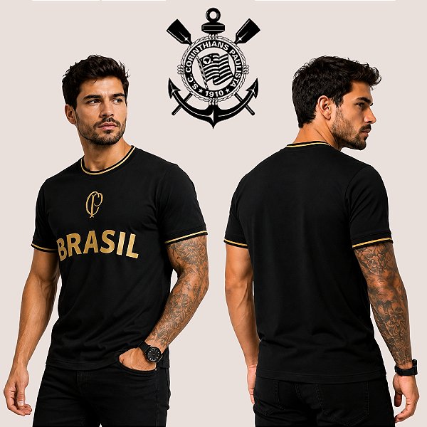 Camiseta Corinthians Brasil Preta Dourada Masculina Premium Casual Confortável