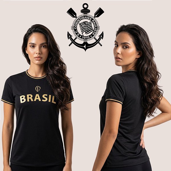 Camiseta Corinthians Brasil Preta Dourada Feminina Premium Casual Confortável