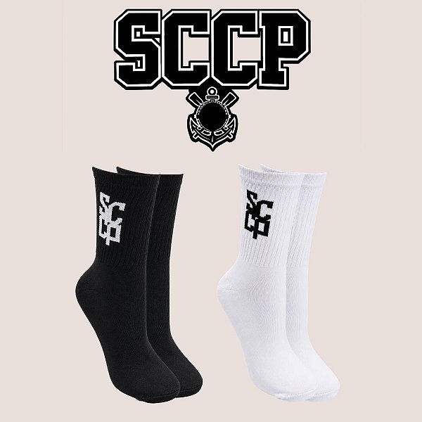 Meia Esportiva SCCP Cano Médio Preta ou Branca Algodão