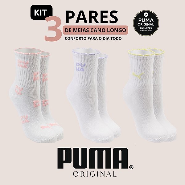 Kit com 3 Meias Puma Cano Longo Infantil Original Algodão Conforto e Resistência para Uso Diário