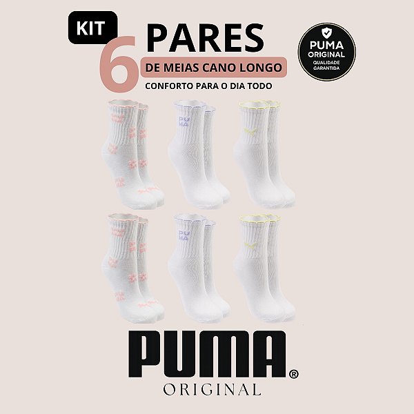 Kit com 6 Meias Puma Cano Longo Infantil Original Algodão Conforto e Resistência para Uso Diário