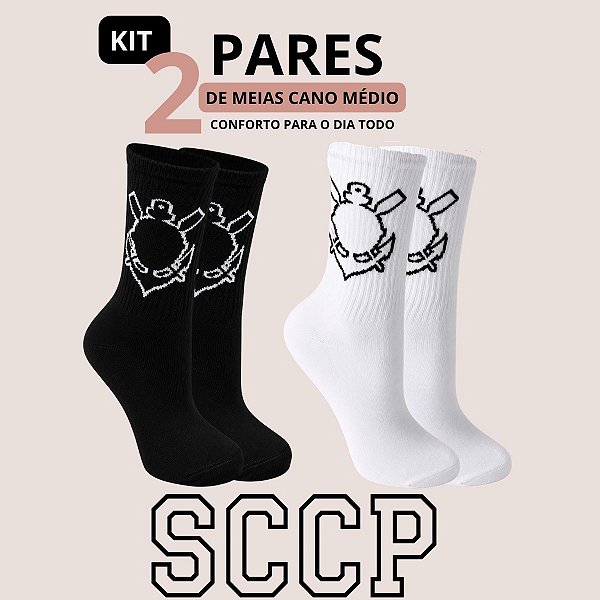 Kit 2 Pares de Meia Cano Médio Estampada Corinthians SCCP