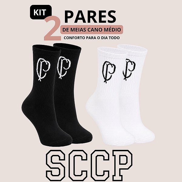 Kit 2 Pares de Meias Cano Médio Corinthians Preto e Branco Masculina