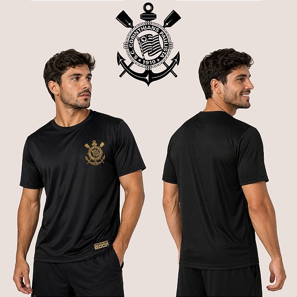 Camiseta Corinthians Poliamida Masculina Brasão Dourado Casual Esportiva Premium Respirável