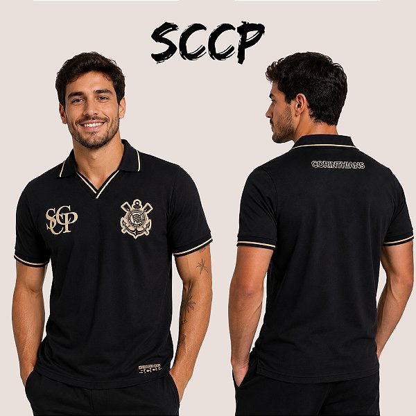 Camiseta Corinthians Masculina Poliamida Preta Brasão Dourado Leve Respirável Secagem Rápida