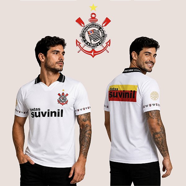 Camiseta Corinthians Retrô 1995 Suvinil Gola Polo em V Manga Curta Leve Confortável e Respirável