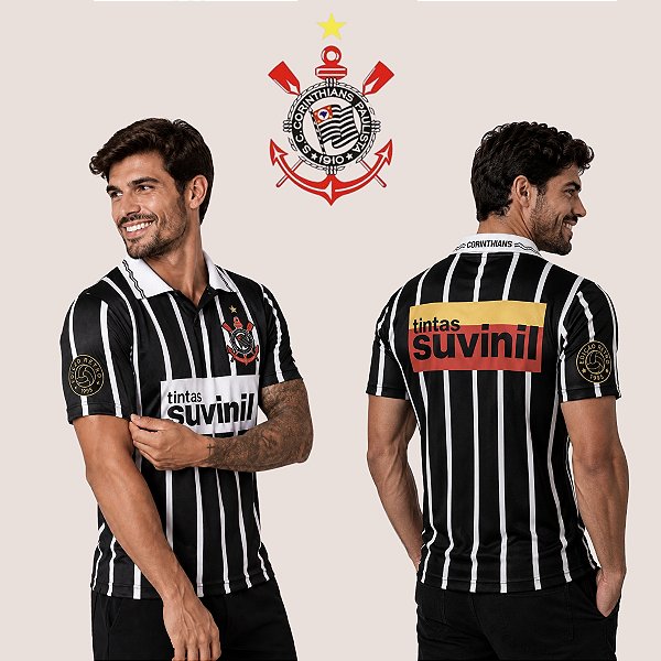 Camiseta Corinthians Retrô Suvinil Masculina 1995 Gola Polo em V Logo Estampada Leve Confortável